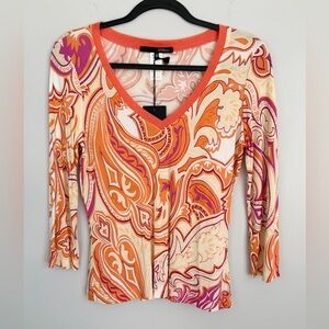 NWT! Les Copains Size 42 • Orange Satin V Neck Top Blouse.